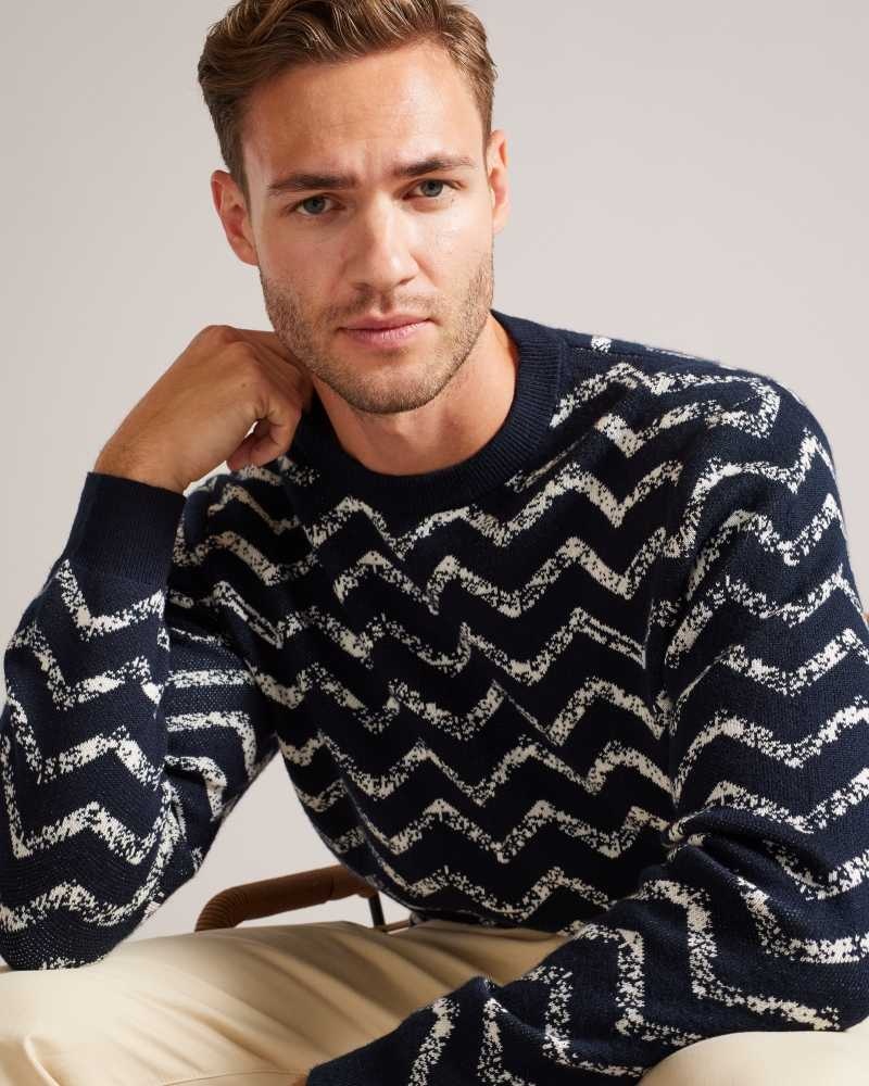 Navy Ted Baker Sesil Long Sleeve Jacquard Chevron Jumper | ZA0000726