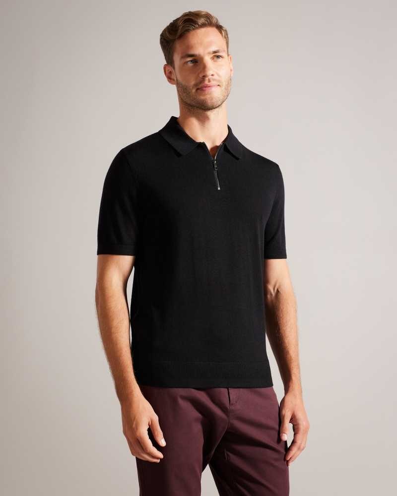 Navy Ted Baker Tohall Short Sleeve Merino Wool Zip Polo Shirt | ZA0000906