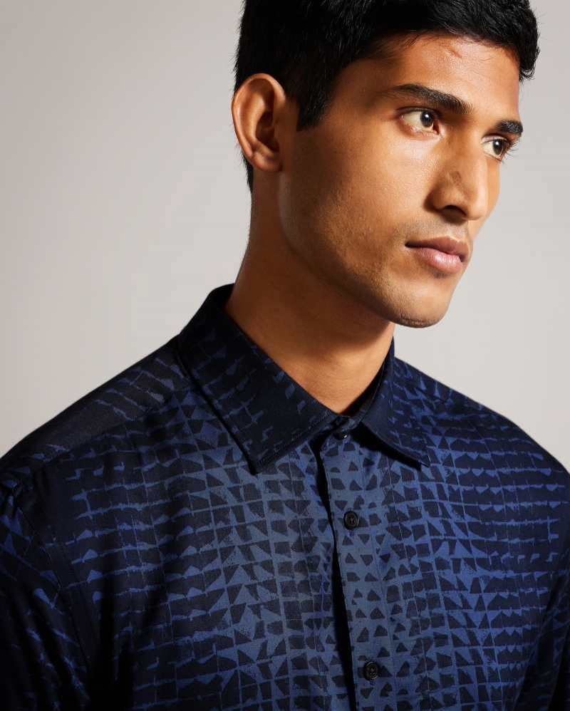 Navy Ted Baker Venosa Long Sleeve Abstract Ombré Print Shirt | ZA0000979