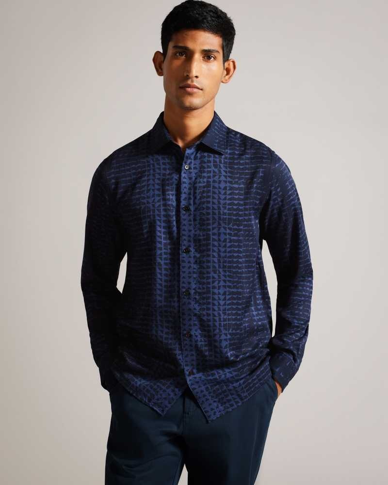 Navy Ted Baker Venosa Long Sleeve Abstract Ombré Print Shirt | ZA0000979