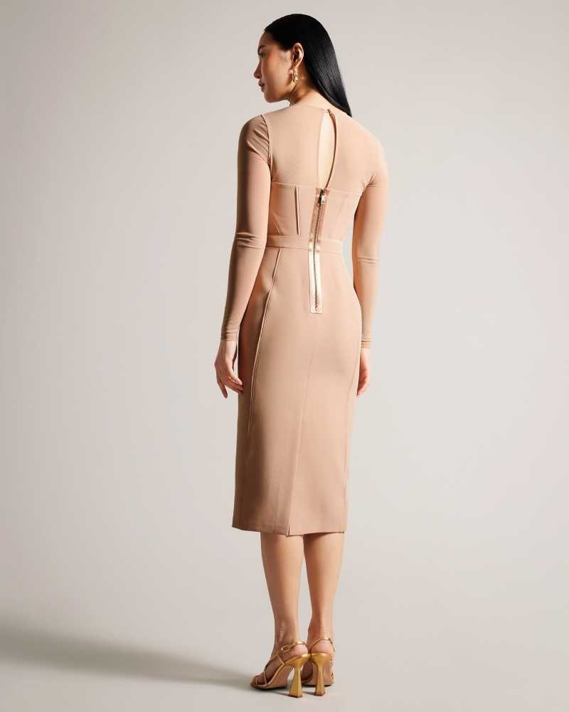 Nude Ted Baker Ivylou Bodycon Midi Dress With Sheer Sleeves | ZA0000158