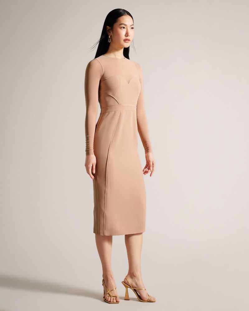 Nude Ted Baker Ivylou Bodycon Midi Dress With Sheer Sleeves | ZA0000158