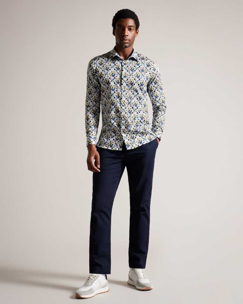 Pale Blue Ted Baker Arigna Long Sleeve Magnolia Print Shirt | ZA0000976