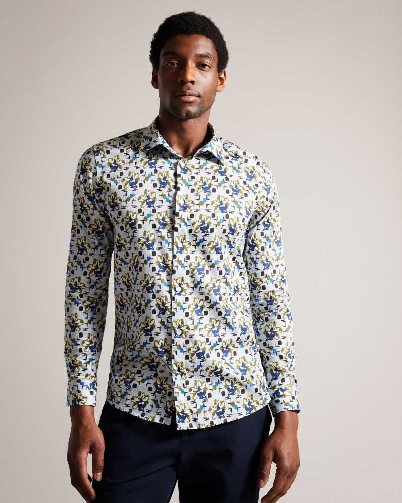 Pale Blue Ted Baker Arigna Long Sleeve Magnolia Print Shirt | ZA0000976