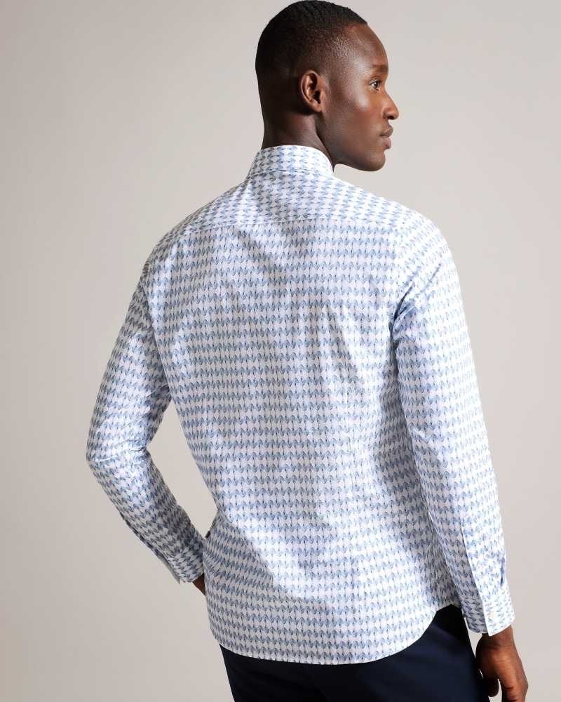 Pale Blue Ted Baker Dibbin Long Sleeve Geometric Leaf Print Shirt | ZA0000941