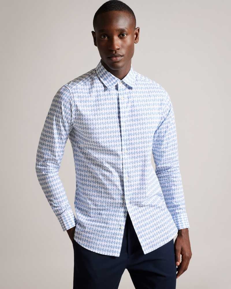 Pale Blue Ted Baker Dibbin Long Sleeve Geometric Leaf Print Shirt | ZA0000941