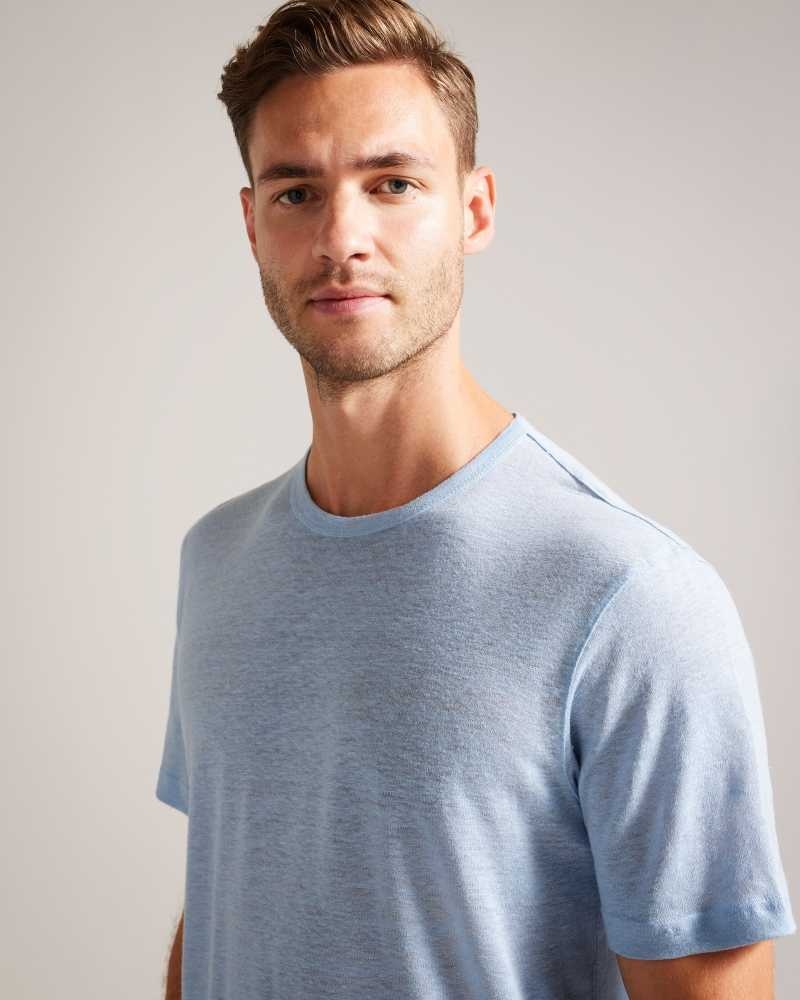 Pale Blue Ted Baker Linlo Short Sleeve Linen T-Shirt | ZA0001280