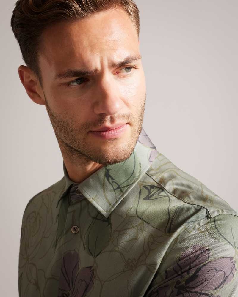 Pale Green Ted Baker Bobbio Long Sleeve Sketchy Floral Print Shirt | ZA0000974