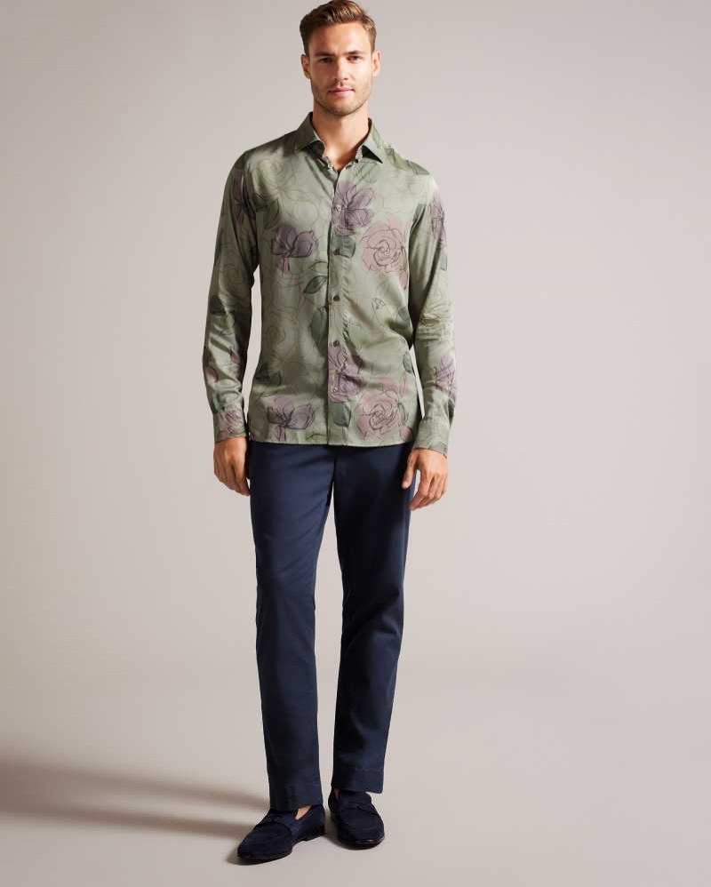 Pale Green Ted Baker Bobbio Long Sleeve Sketchy Floral Print Shirt | ZA0000974