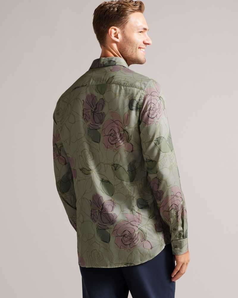 Pale Green Ted Baker Bobbio Long Sleeve Sketchy Floral Print Shirt | ZA0000974