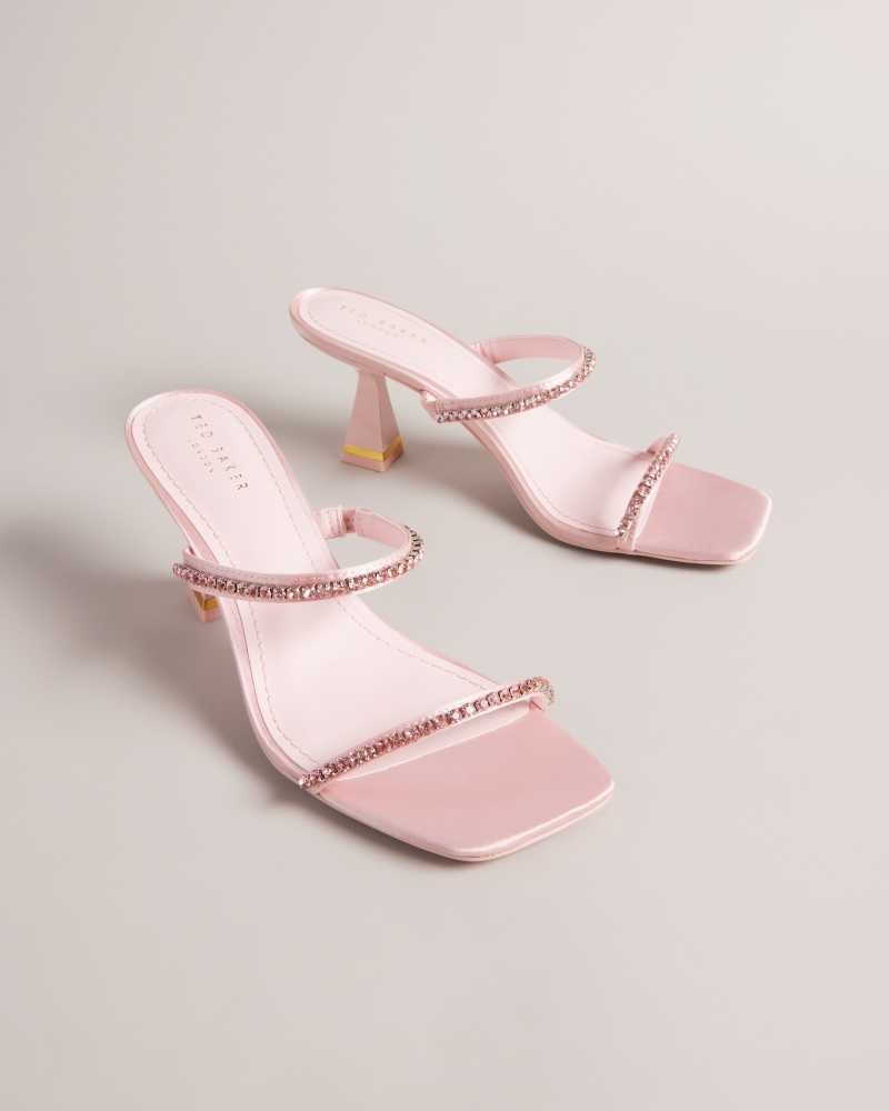 Pale Pink Ted Baker Rinita Diamante Satin Kitten Heel Sandals | ZA0001659