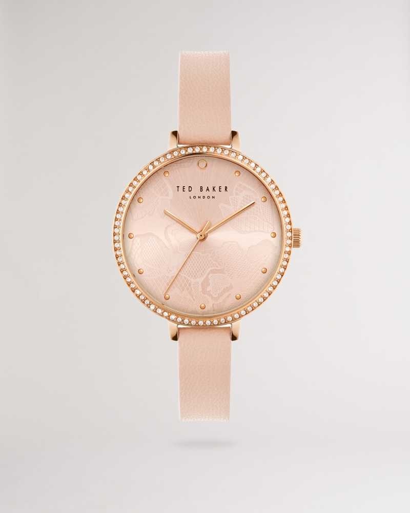 Pink Ted Baker Chessin Crystal Embellished Watch With Vegan Leather Strap | ZA0002201