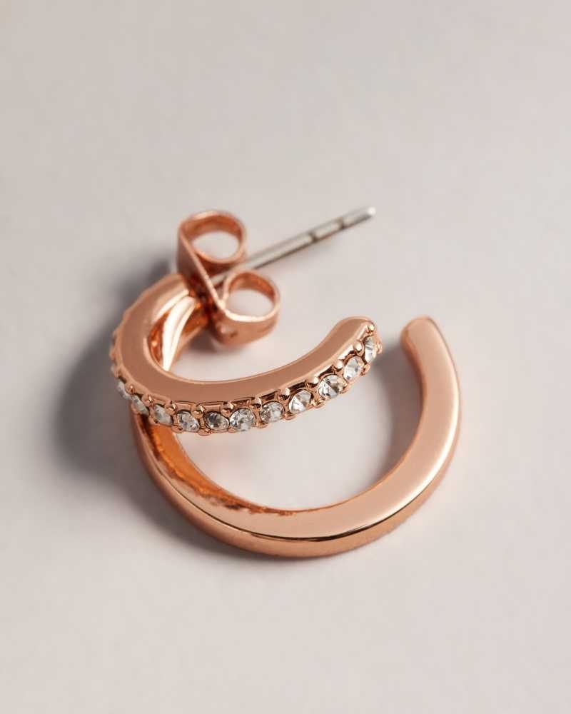 Rose Gold Colour Ted Baker Helias Crystal Double Huggie Hoop Earrings | ZA0001981