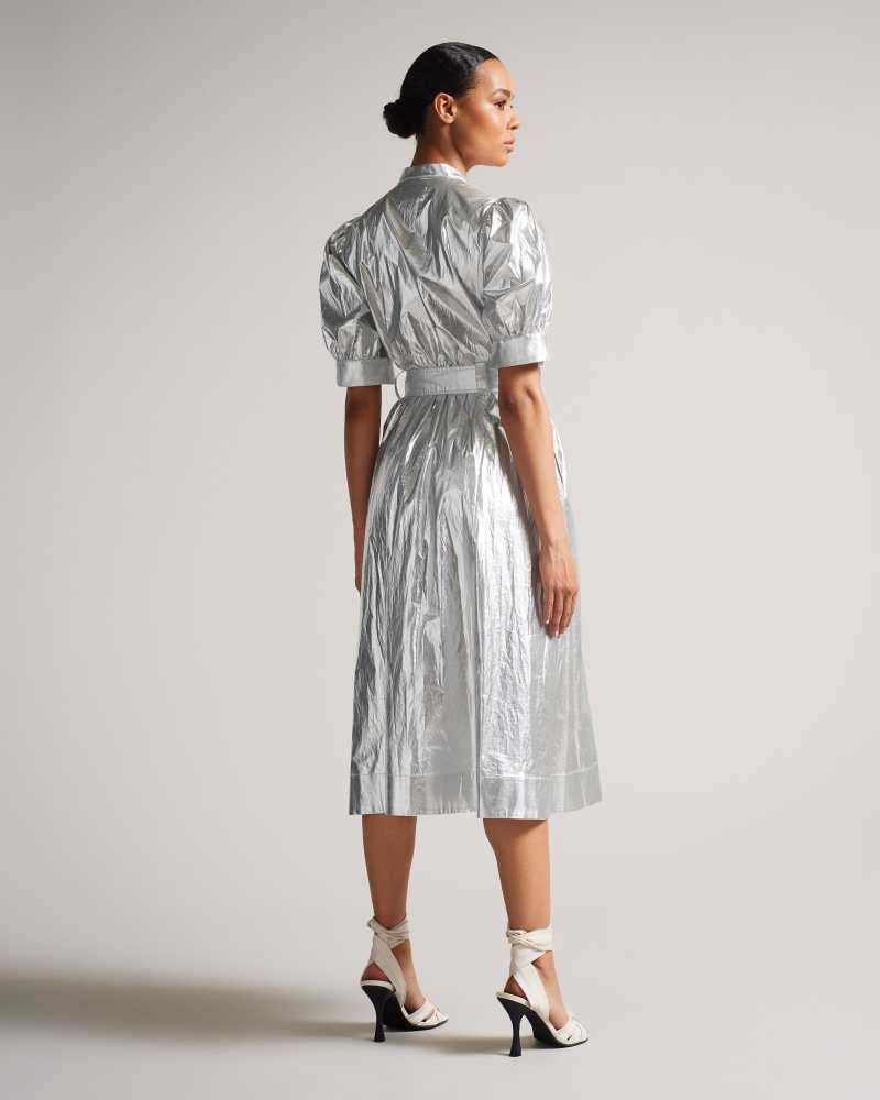 Silver Ted Baker Lygons Metallic Puff Sleeve Midi Dress | ZA0000208