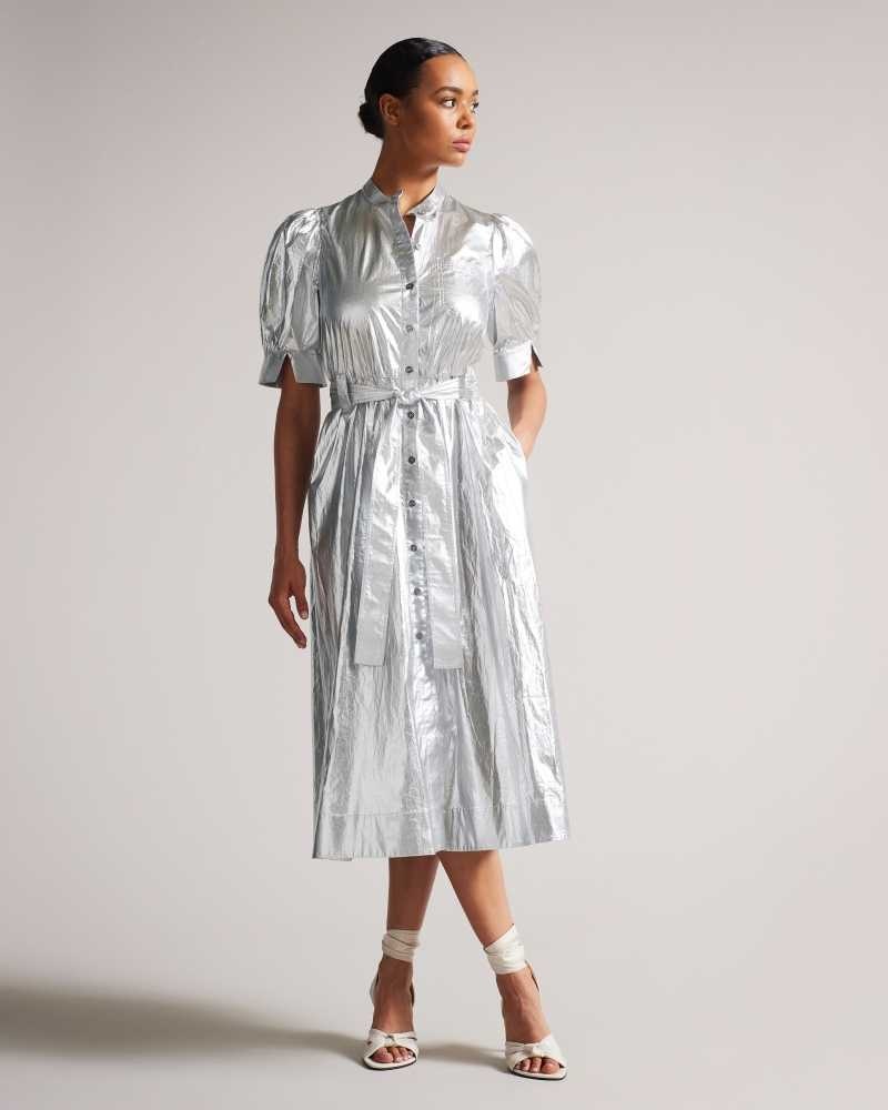 Silver Ted Baker Lygons Metallic Puff Sleeve Midi Dress | ZA0000208