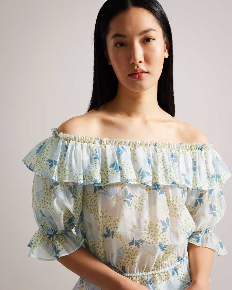 Sky Blue Ted Baker Trisia Off Shoulder Ruffled Daisy Blouse | ZA0001447