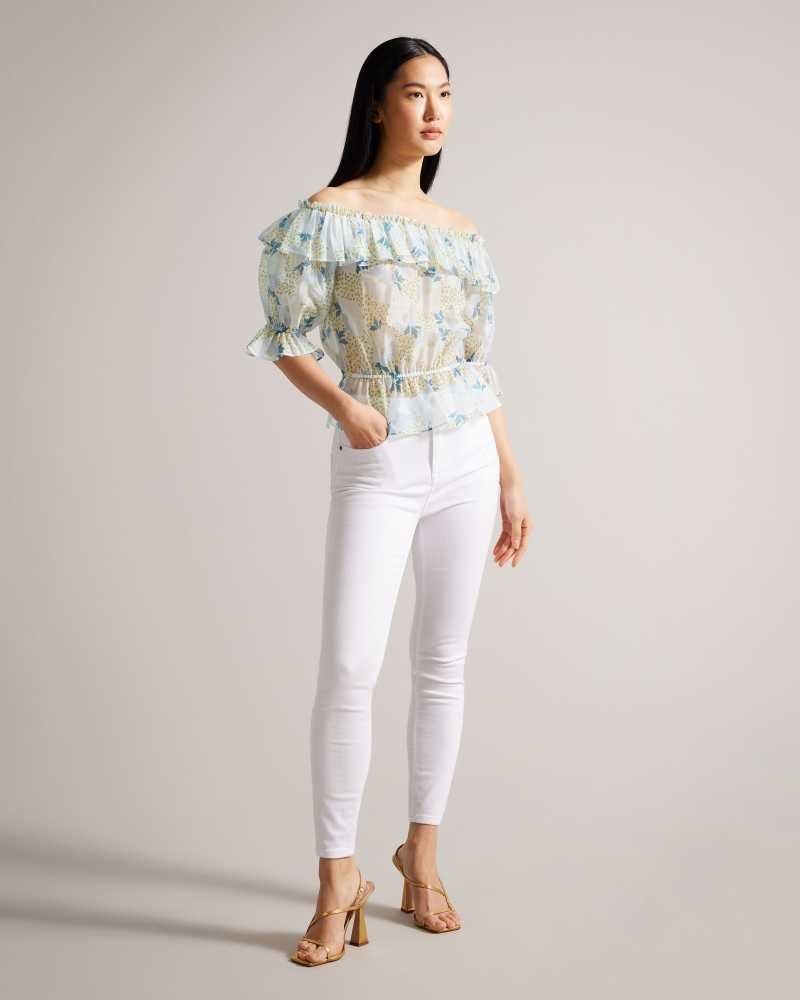 Sky Blue Ted Baker Trisia Off Shoulder Ruffled Daisy Blouse | ZA0001447