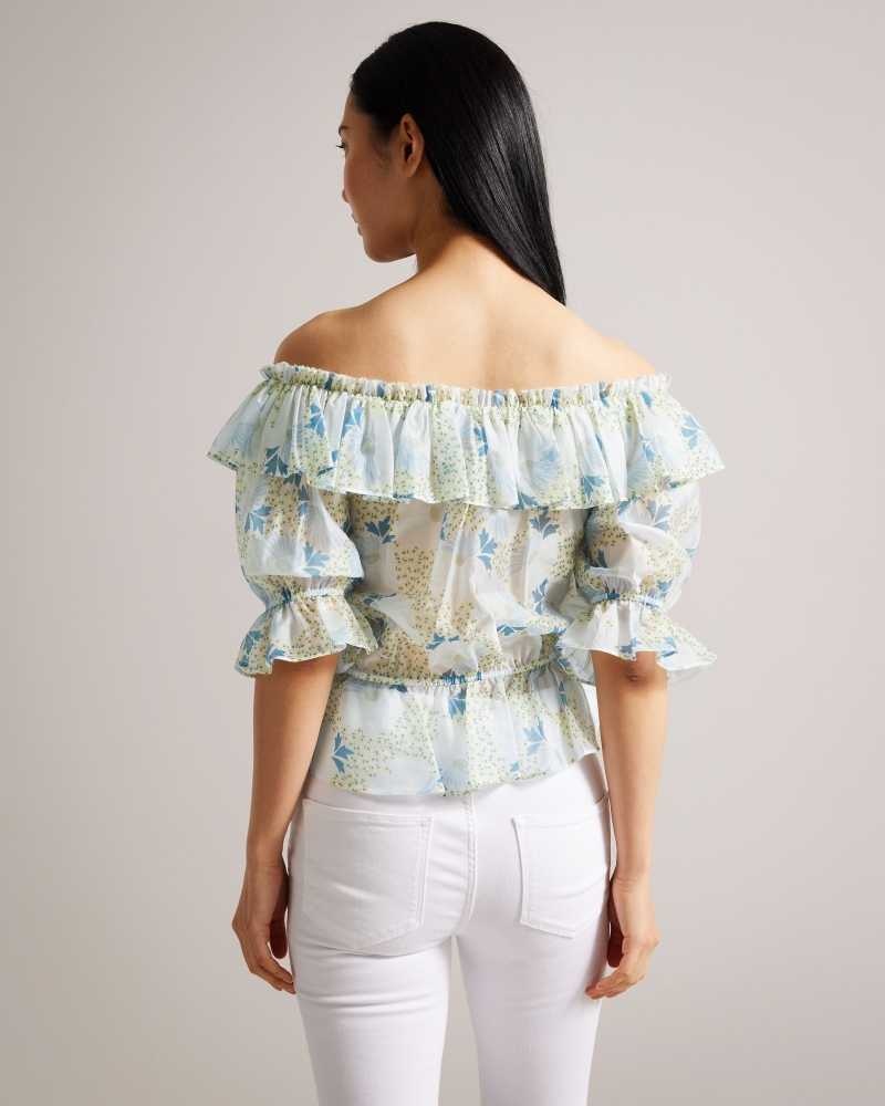 Sky Blue Ted Baker Trisia Off Shoulder Ruffled Daisy Blouse | ZA0001447