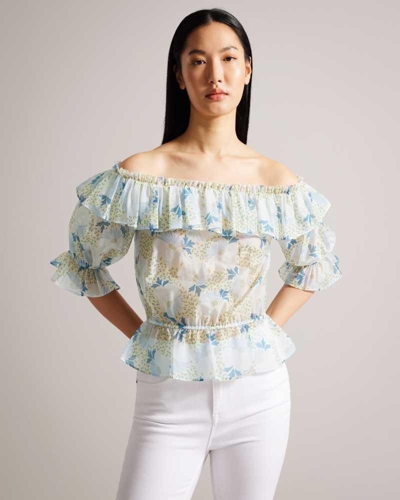 Sky Blue Ted Baker Trisia Off Shoulder Ruffled Daisy Blouse | ZA0001447