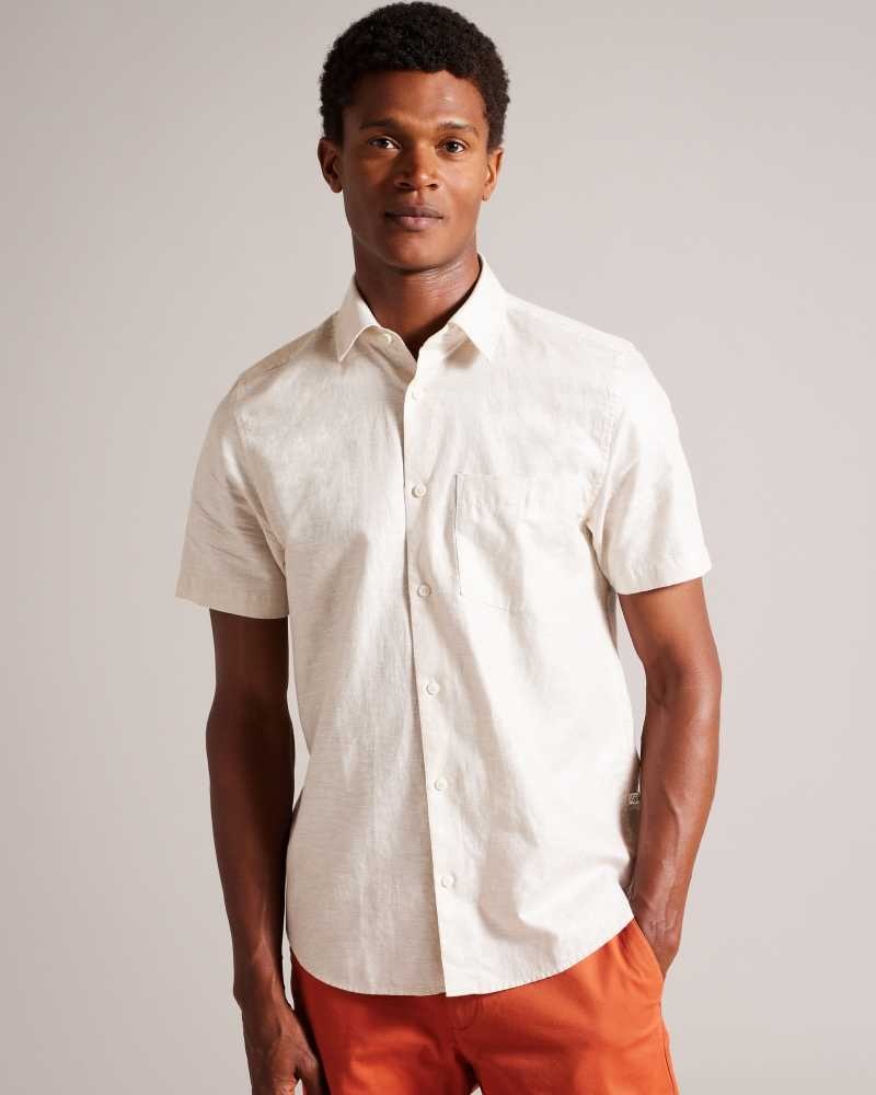 Stone Ted Baker Kingfrd Short Sleeve Linen Shirt | ZA0000956