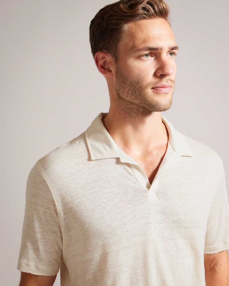 Stone Ted Baker Lingpo Short Sleeve Linen Open Neck Polo Shirt | ZA0000885