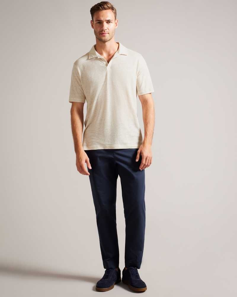 Stone Ted Baker Lingpo Short Sleeve Linen Open Neck Polo Shirt | ZA0000885