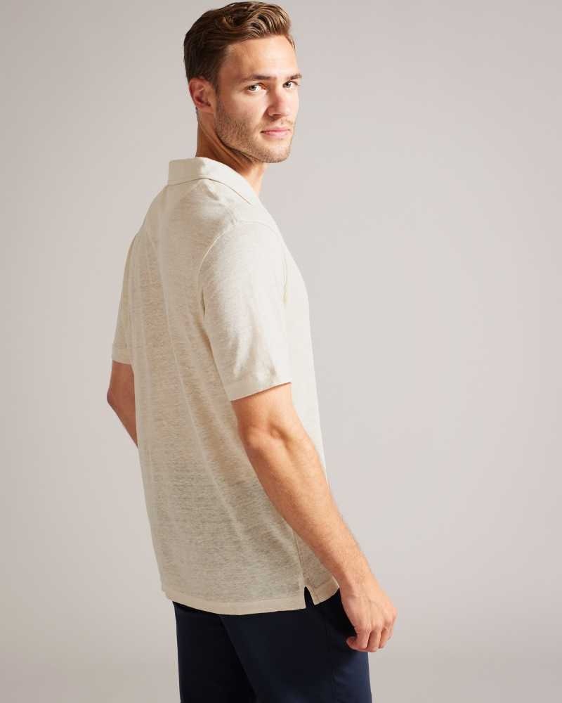 Stone Ted Baker Lingpo Short Sleeve Linen Open Neck Polo Shirt | ZA0000885