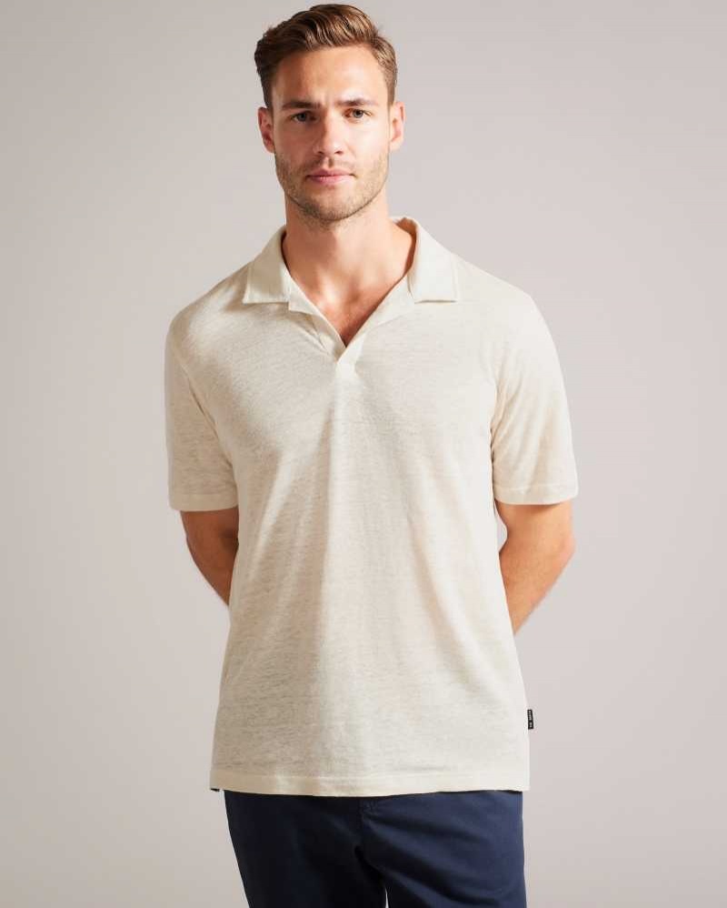 Stone Ted Baker Lingpo Short Sleeve Linen Open Neck Polo Shirt | ZA0000885