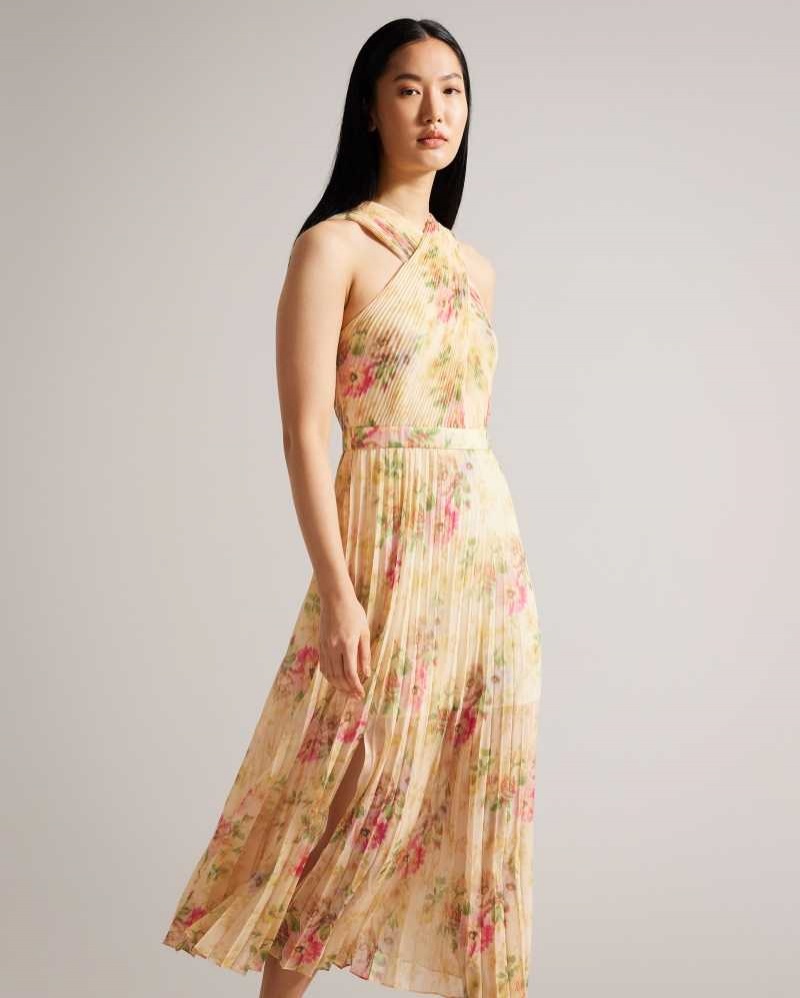 Tan Ted Baker Amerah Cross Front Pleated Midi Dress | ZA0000187