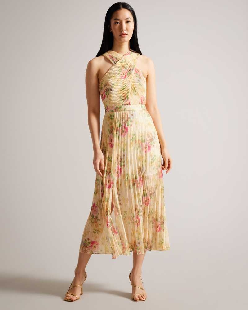 Tan Ted Baker Amerah Cross Front Pleated Midi Dress | ZA0000187