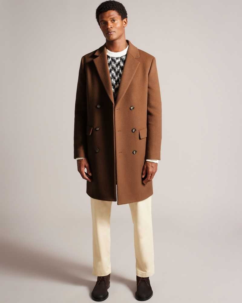 Tan Ted Baker Edouard Wool Blend Double Breasted City Coat | ZA0000585