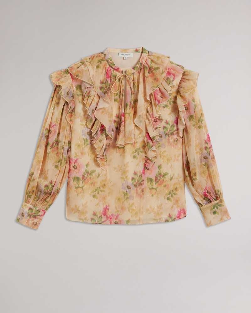 Tan Ted Baker Helenoh Floral Ruffle Detail Blouse | ZA0001443