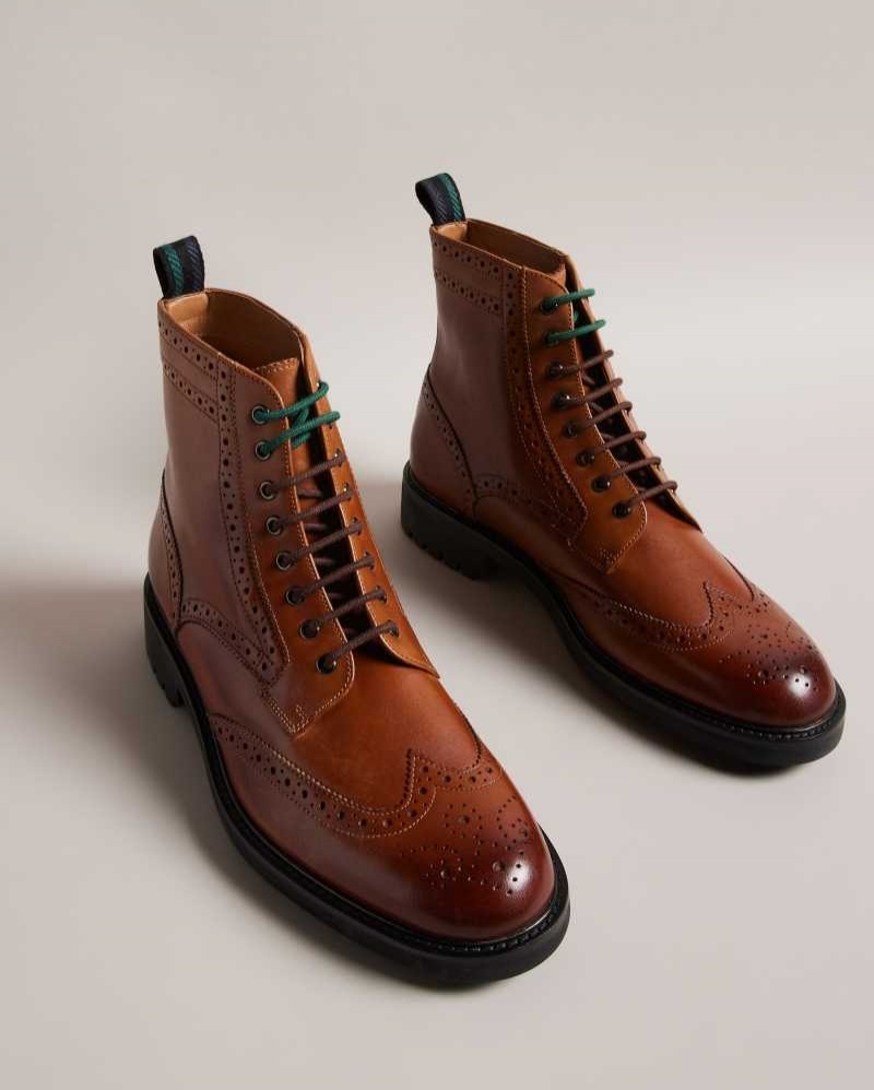 Tan Ted Baker Jakobe Brogue Detail Leather Lace Up Boots | ZA0001601