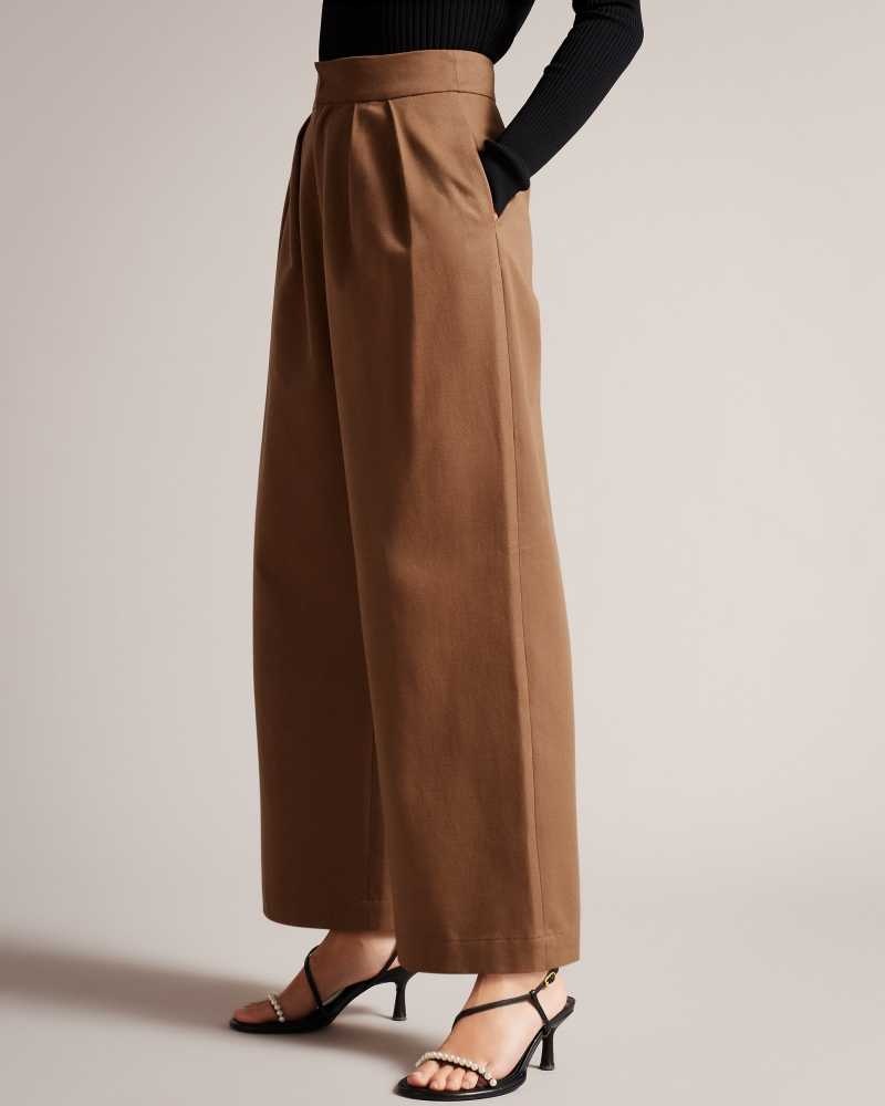 Tan Ted Baker Oaklia Pleated Wide Leg Trousers | ZA0001475