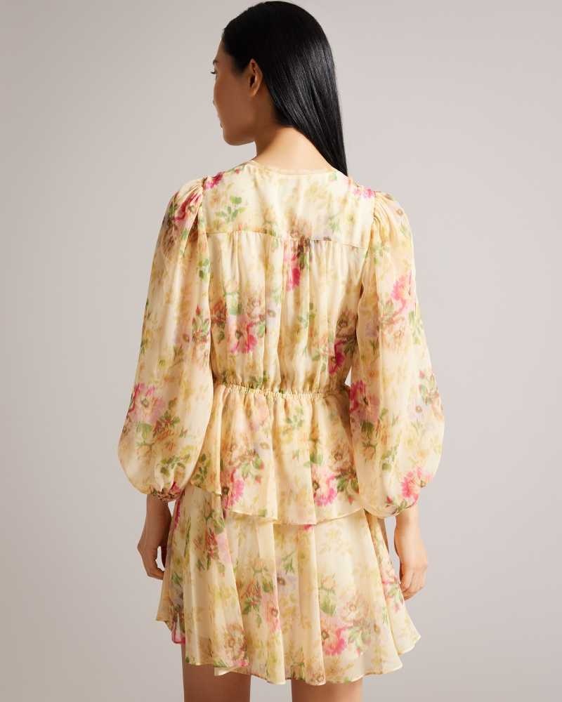 Tan Ted Baker Tamziiy Hazy Floral Tiered Mini Dress | ZA0000265