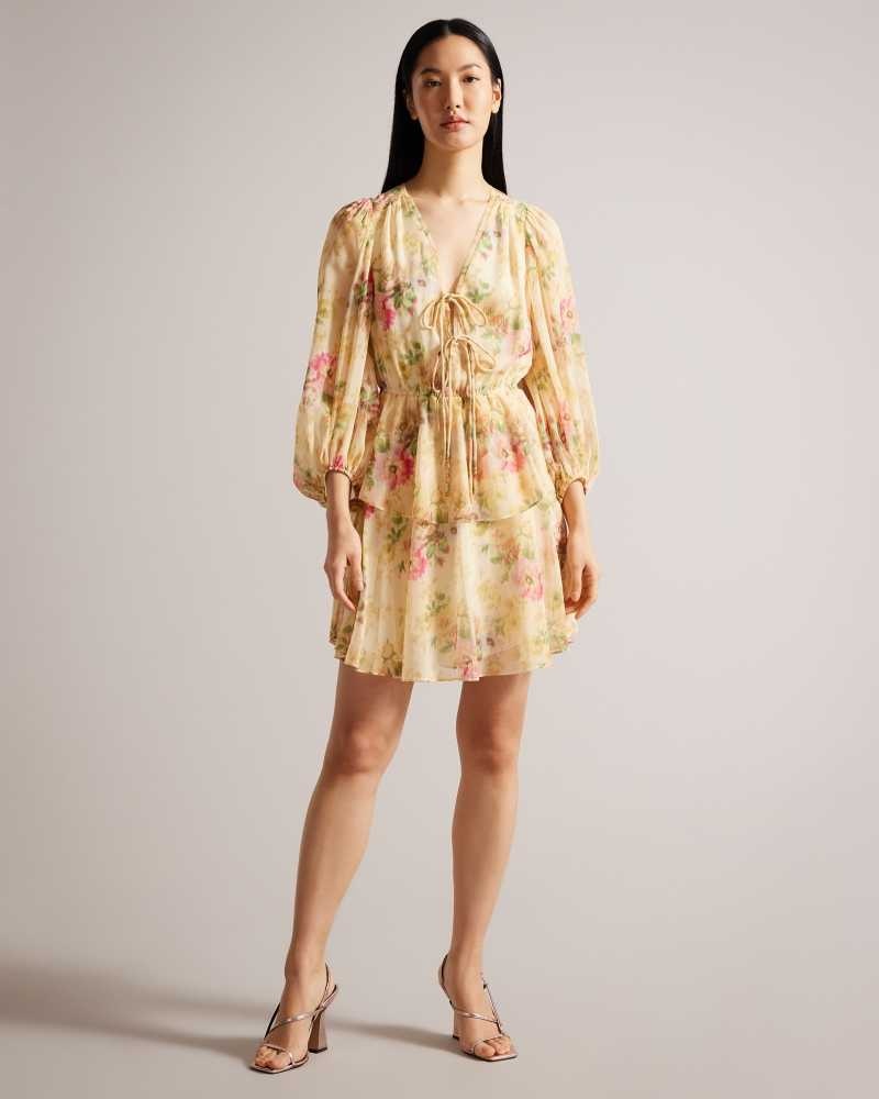 Tan Ted Baker Tamziiy Hazy Floral Tiered Mini Dress | ZA0000265