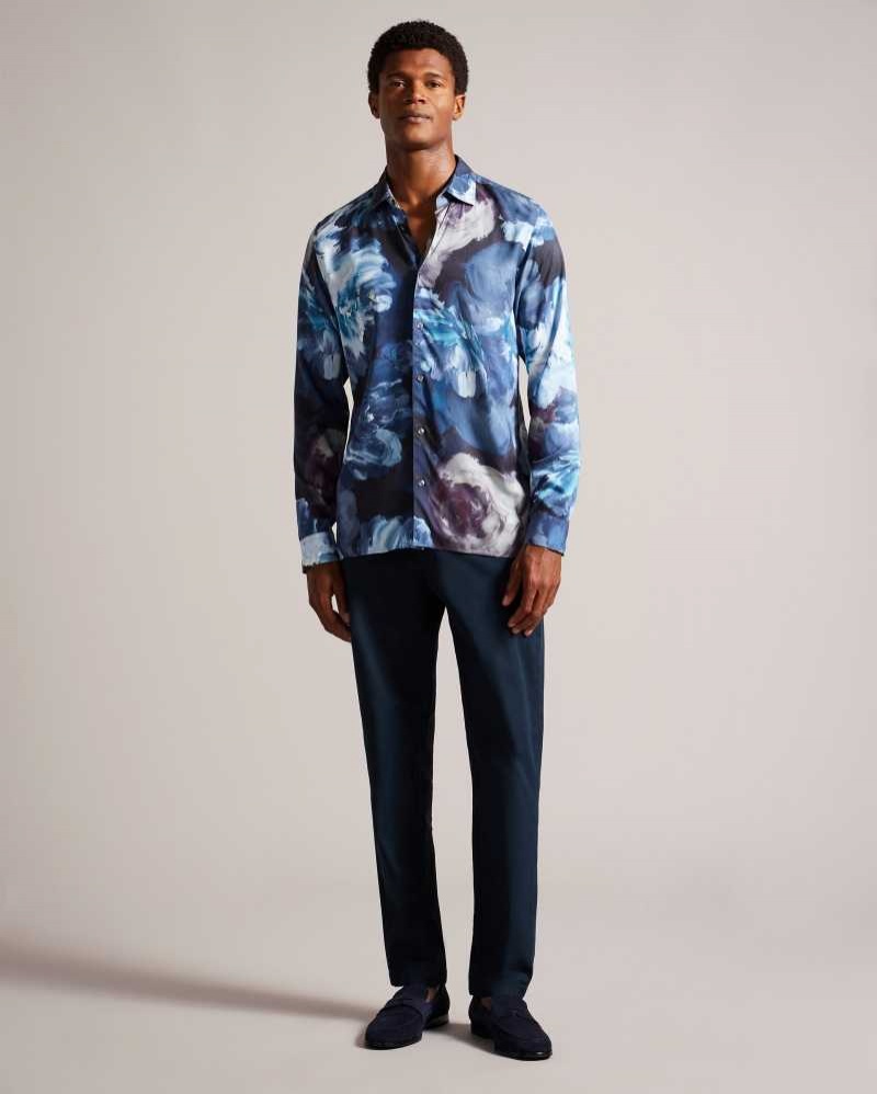 Teal Blue Ted Baker Bitonto Long Sleeve Floral Shirt | ZA0000944