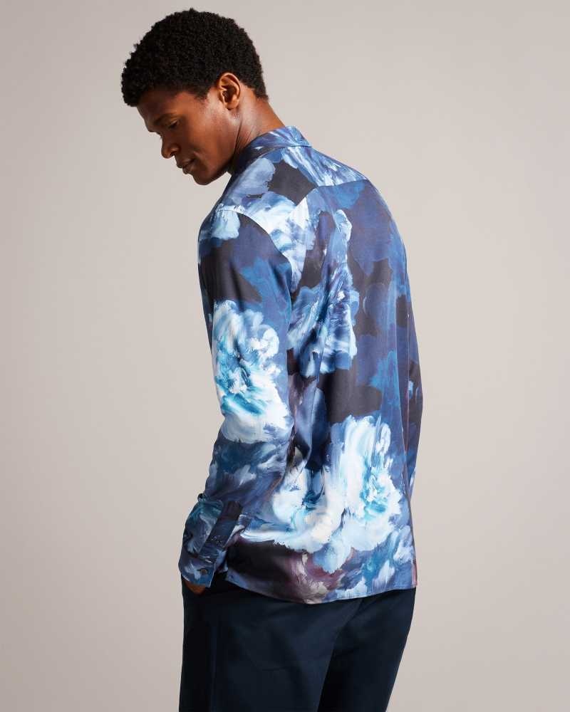 Teal Blue Ted Baker Bitonto Long Sleeve Floral Shirt | ZA0000944