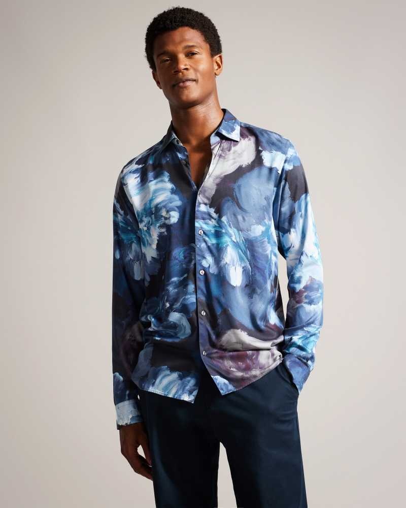 Teal Blue Ted Baker Bitonto Long Sleeve Floral Shirt | ZA0000944