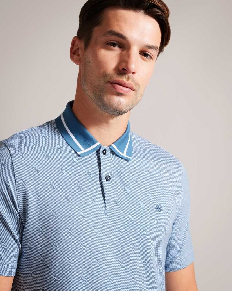 Teal Blue Ted Baker Ginald Short Sleeve Herringbone Stitch Zip Polo | ZA0000884