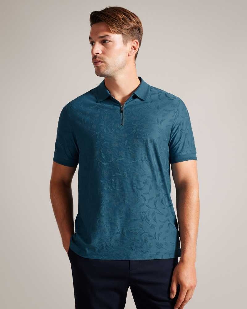 Teal Blue Ted Baker Polenn Tulip Textured Zip Polo Shirt | ZA0000901