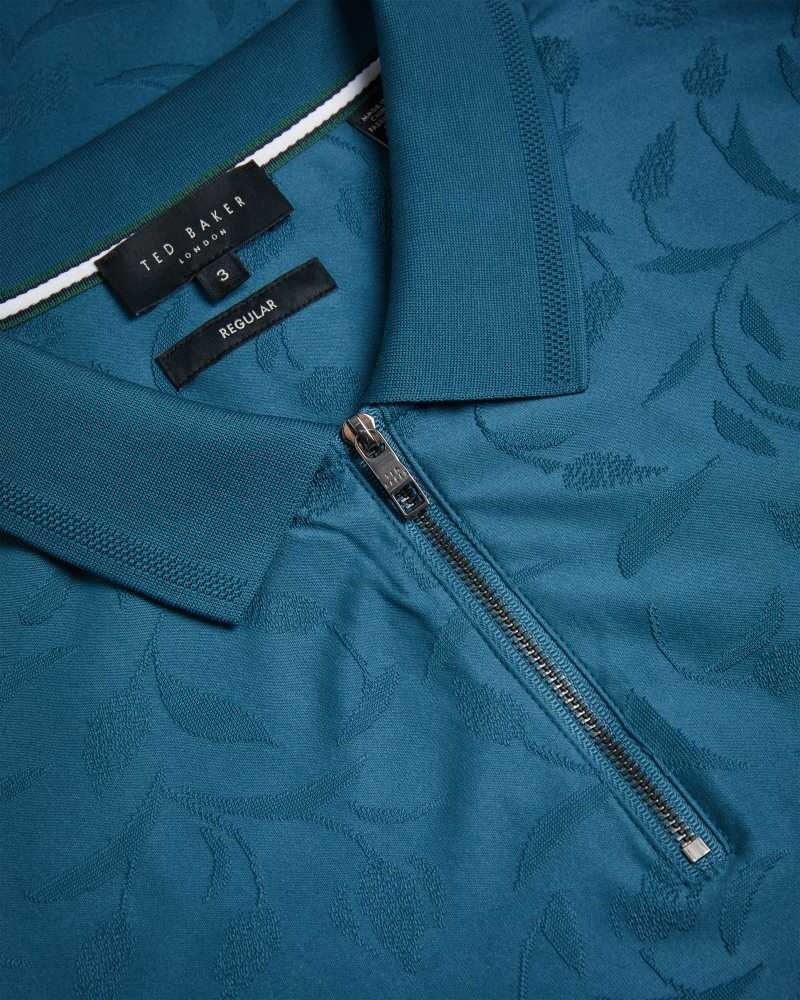 Teal Blue Ted Baker Polenn Tulip Textured Zip Polo Shirt | ZA0000901