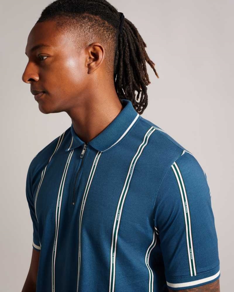 Teal Blue Ted Baker Sisons Short Sleeve Zip Polo With Striped Branding | ZA0000928