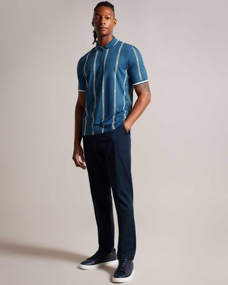 Teal Blue Ted Baker Sisons Short Sleeve Zip Polo With Striped Branding | ZA0000928