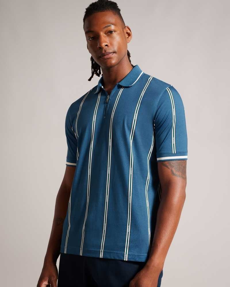 Teal Blue Ted Baker Sisons Short Sleeve Zip Polo With Striped Branding | ZA0000928