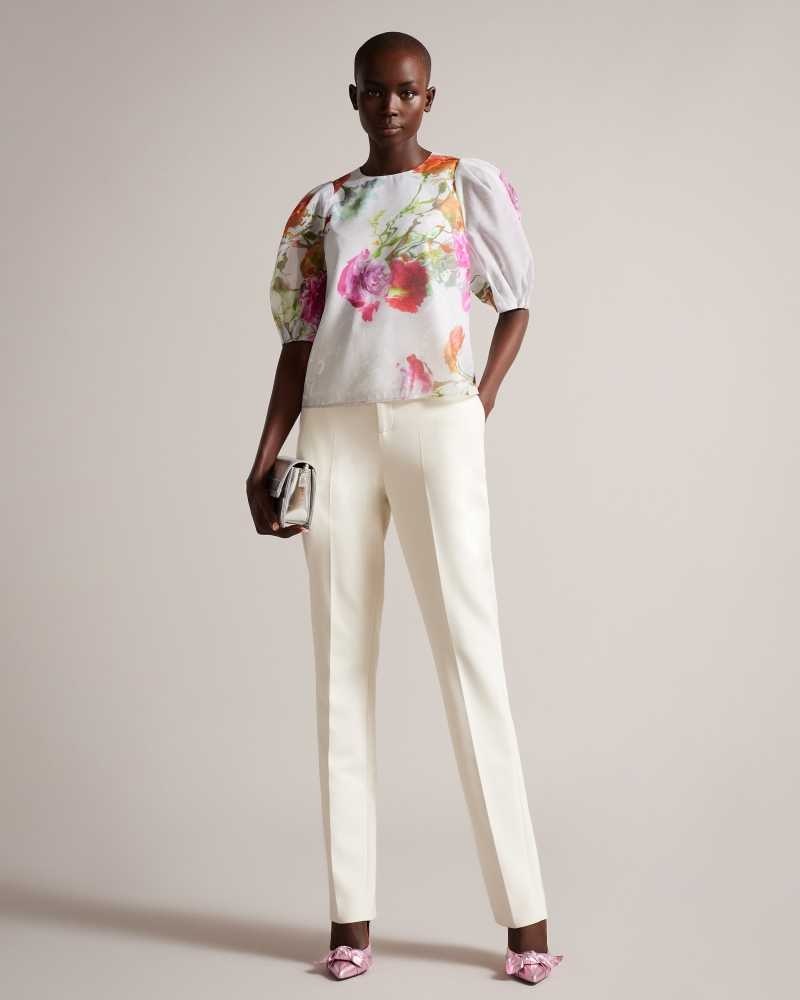 White Ted Baker Ayymee Boxy Cropped Top with Puff Sleeve | ZA0001371