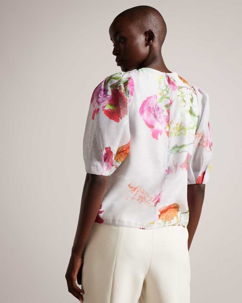 White Ted Baker Ayymee Boxy Cropped Top with Puff Sleeve | ZA0001371