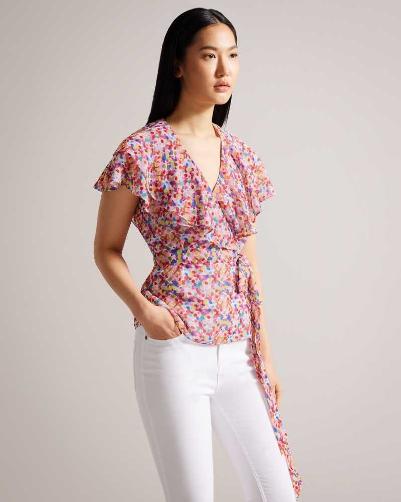 White Ted Baker Brrooke Wrap Top With Ruffled Neckline | ZA0001386