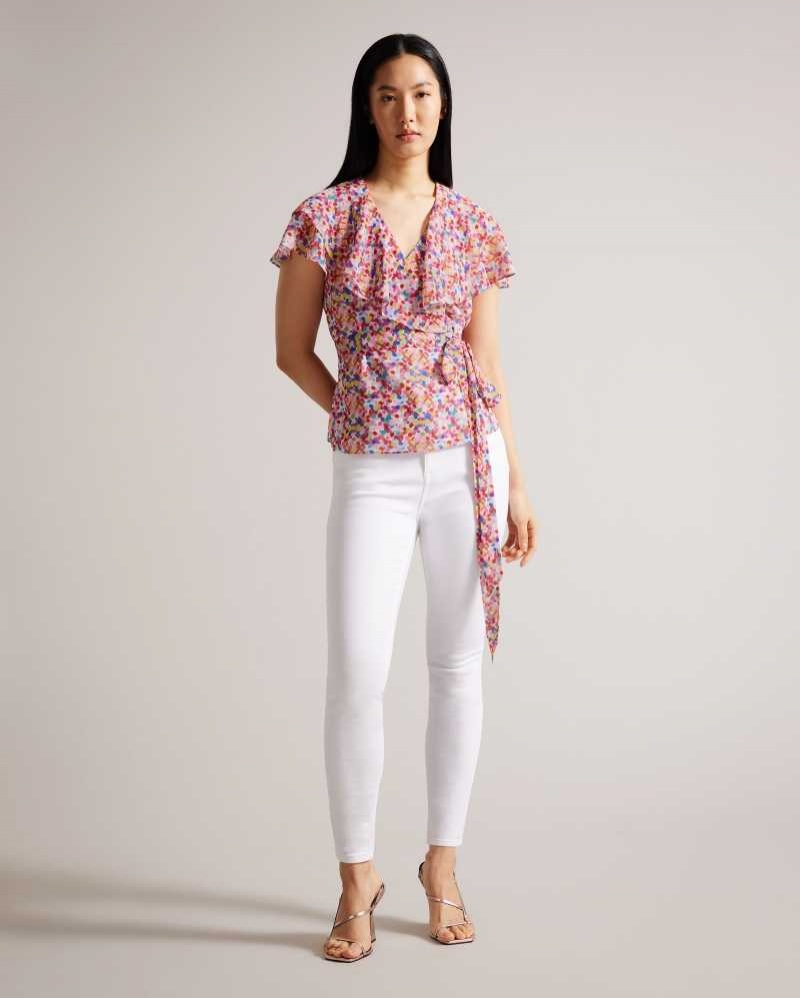 White Ted Baker Brrooke Wrap Top With Ruffled Neckline | ZA0001386