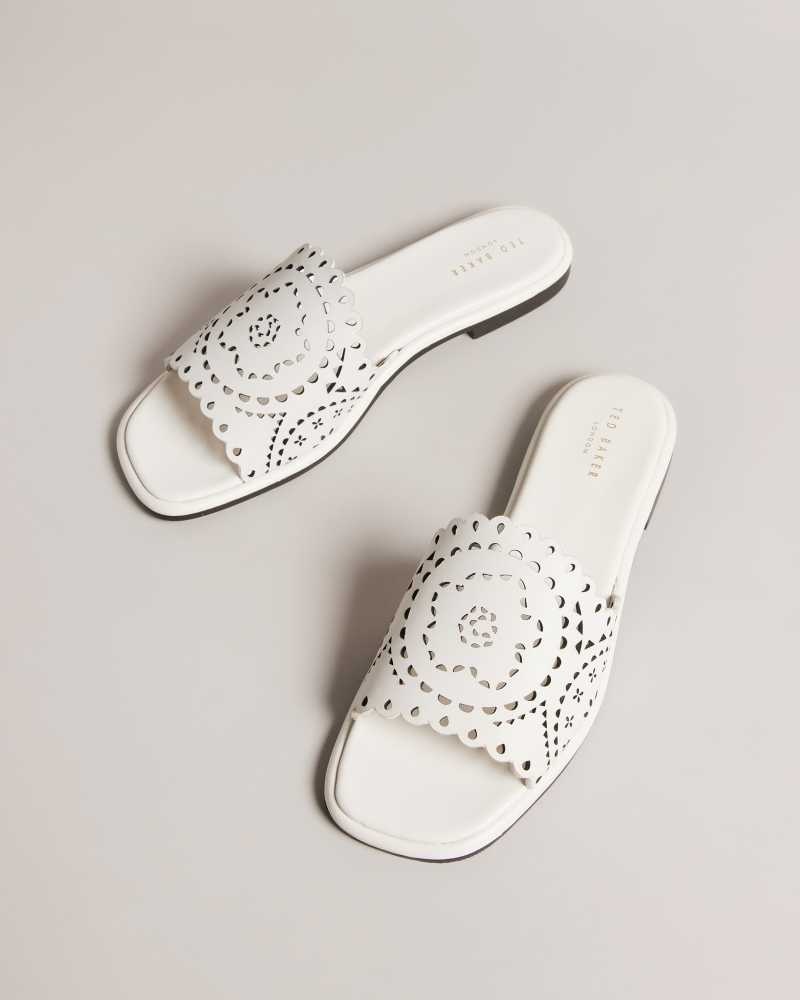 White Ted Baker Clovei Laser Cut Flat Sandals | ZA0001686